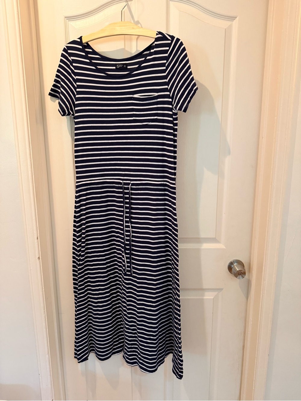 Striped Navy and White Summer Midi Dress with Drawstring Waist